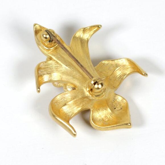 Swarovski Signed Gold Tone Crystal Faux Pearl Lily Mini Brooch Pin - Picture 4 of 7